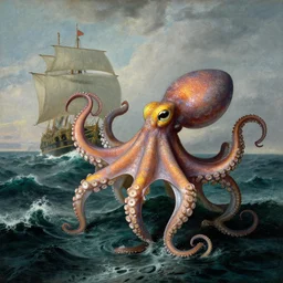 giant rainbow - colored scaled octopus attacking a sailing fregate on a stormy wild ocean, by jmw turner