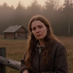 close up portrait bust of woman sitting on fence, tired expression, faded color film, russian cinema, tarkovsky, technicolor, heavy forest, wood cabin in distance, shallow depth of field, long brown hair, old clothing, heavy fog, brown color palette, sunset, low light, hudson river school, 4 k, dramatic lighting