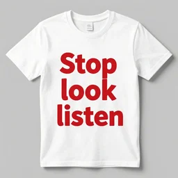 a t - shirt with the words stop look listen in red,