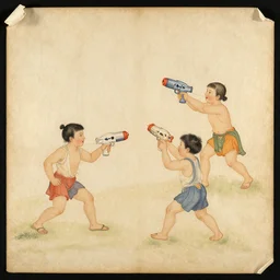 a scan of an ancient piece of art on parchment depicting kids playing with super soakers