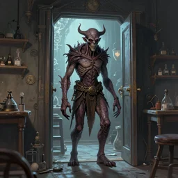 cthulhu standing in the doorway of a wizard lab. detailed, digital art inspired by artstation and artgerm