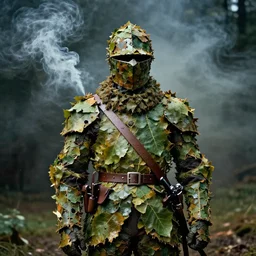 smoke,!!! colored photography, wwi knight made of leaves, dramatic light, zdzidaw, ultrafine, hyperrealistic, 3 2 k, 3 5 mm film still, movie