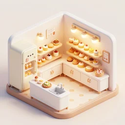 cute bakery shop, refrigerator, sink, isometric game art, white furniture, bright, artstation, highly detailed, cinematic lighting + masterpiece