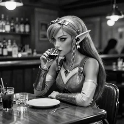evil zelda from terrahawks on a date in a bar black and white 3 5 mm realistic hdr cinematic