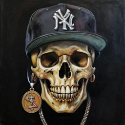 a painting of a rapper's skull with a baseball cap and medallion, hiphop, intricate, dark colour scheme