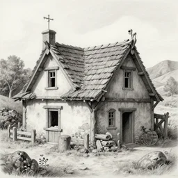 Well-detailed middle ages abandoned cottage, skillful pencil rendering magnus opus