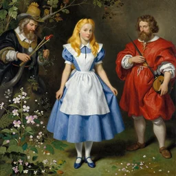 alice in wonderland painted by J. C. Leyendecker and Peter Paul Rubens, Extremely detailed, vivid colors