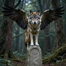 A wolf with the wings of a crow perched on top of a stone obelisk, blue eyes in focus, magical forest background, realistic midshot photo of the wolfish chimera, in the style of Ralph Horsley