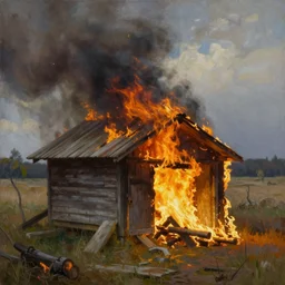 a painting of an outhouse burning by Thomas Kinkade