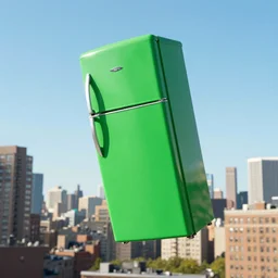 green refrigerator flying, floating, hovering above new york city