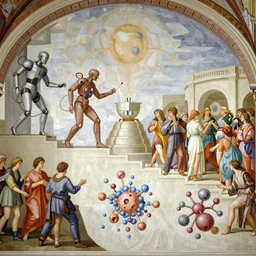 a baroque fresco detailing the following progression : artificial intelligence, machines, innovation, discovery, architecture, society, people, conscious experience, multicellular life, molecular systems, biopolymers