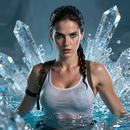 portrait of a beautiful lara croft, drenched body, wet dripping hair, emerging from the water, fractal crystal