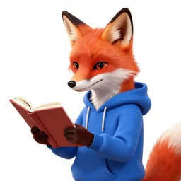 a red fox in a blue hoodie on the white background holding a notebook, stroke painting, cartoon style, digital art picture, highly detailed, artstation