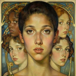 an art nouveau, ( streamline moderne ), multi - ethnic and multi - racial portrait in the style of charlie bowater, and in the style of donato giancola, and in the style of charles dulac. very large, clear, expressive and intelligent eyes. symmetrical, centered, ultrasharp focus, cinematic lighting, photorealistic digital painting, intricate detailed background.