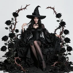 fantasy female dark witch surrounded by dark roses and thorns, wide angle view, highly detailed, qichao wang, artgerm, cushart krenz, zeronis, trending on artstation, soft light, sharp edges, illustration, character design, concept art