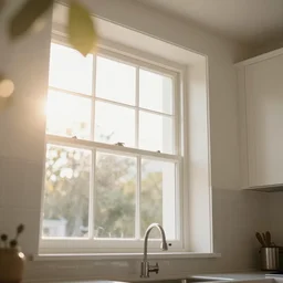 photo of interior design house, super detail of a white window in a kitchen, close up, view from bottom, sunday morning, sun, bokeh, lens flare, yellow light, diffuse light, instagram trending picture, instagram filter, professional photography
