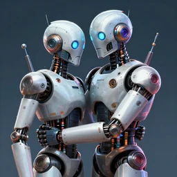 two atompunk robots hugging, digital art, trending on art station