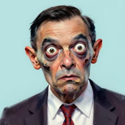 highly detailed caricature portrait of damaged zombie mr bean by ross tran, by anato finnstark, brush strokes, 4 k resolution, light blue pastel background