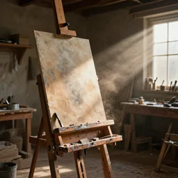 an insanely detailed realistic depiction of rustic artist's workshop, easel, chisel, in the style of peter mohrbacher, artgerm, dramatic lighting and composition, photorealism, volumetric lights, ( ( ( ( ( some dust in the rays of lights ) ) ) ) ), octane render, trending on artstation, concept art 8 k