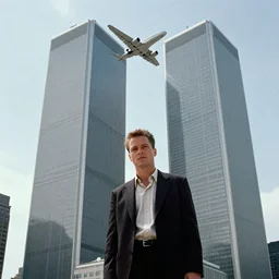 patrick bateman plane going through the world trace center towers, in american psycho ( 1 9 9 9 )