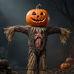 a scarecrow with jack - o - lantern head, full body, big two toned eyes, halloween, horror, intricate details, cinematic, epic, realistic, anatomy, tomer hanuka, uplight, artstation, photorealistic, scary