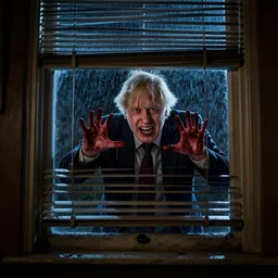 a zoomed out photo taken from the inside of an old house, showing window blinds being pulled back to reveal a terrifying boris johnson with his unhinged face pressed against the window and his bloody hands placed on the window, horrifying grin. horror, raining, night time