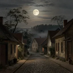 in the style of gerald brom, caravaggio, beautiful small town, houses and buildings, 1 8 0 0 s, cobblestone roads, low light, low large moon, trees, forest in the distance, light mist creature lurking in the shadows