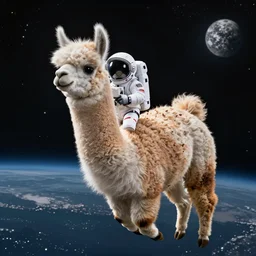 A full-length llama in an astronaut helmet is flying in space, 4k super detail