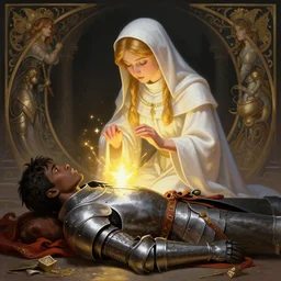 picture of cute priestess healing magic a wounded male black knight on the floor, digital painting, highly detailed, smooth, sharp contrast, digital painting, by artgerm and greg rutkowski and alphonse mucha, comic book cover art