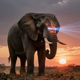 elephant shooting lasers from its eyes in front of a sunset