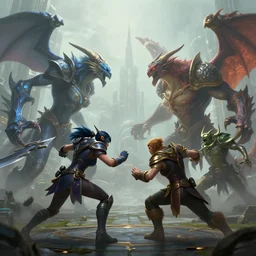 hyperrealism fantasy creatures fight scene with characters from league of legends portrait, digital art, wallpaper of an fantasy fight, background of sci fi city in fog, diffused lighting, extremely detailed, 8 k, sharp, trending dop hdr, mirror detailed