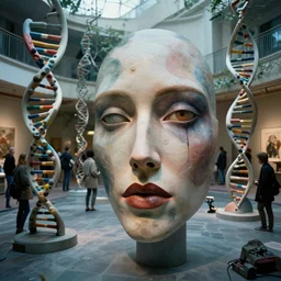 detailed face of a woman in a biomorphic courtyard with dna sculptures at a science expo, atmospheric, ambient, pj crook, syd mead, livia prima, artgerm, greg rutkowski, nick alm, casey baugh