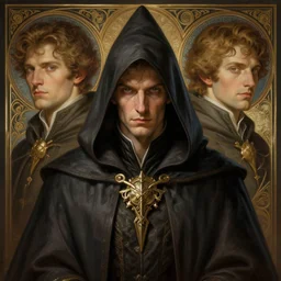 symmetry!! portrait of male wizard wearing a hood, high fantasy, intricate, elegant, highly detailed, photorealistic, cinematic lighting, digital painting, artstation, concept art, smooth, sharp focus, illustration, art by artgerm and greg rutkowski and alphonse mucha,