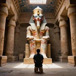 the man knelt before the colossal statue at the back of the great temple of amunabi. sunbeams and large windows near the ceiling. the room was vast and filled with ornate structures from long ago. shadows and limestone on the floor, bright ancient colors