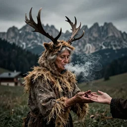 1 9 2 0 s spirit portrait photography of an old female farmer turning into a krampus ghost with hay cloth and antlers in the dolomites, smoke from mouth, casting a clean root spell, inviting hand, witchy, wicca, by william hope, dark, eerie, grainy