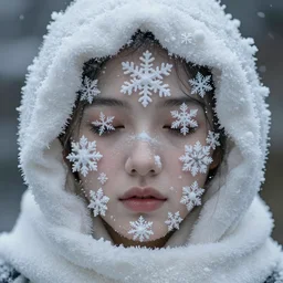 surreal photography silk snowflake coalescing into a face