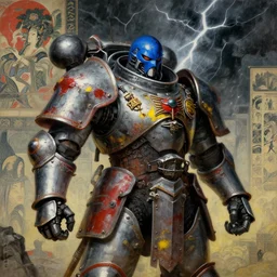 composition of gothic and futuristic, warhammer, cyberpunk japan style armor, more and more scars, thunderstorm, blue head, some red and yellow, the middle ages, highly detailed, artstation, in the style of moebius, jugendstil and classic japanese print, painting by malcolm hart, don lenzer, composition by richard corben