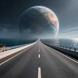 a super highway next to a sea on an alien planet Photorealistic HD 8k highlights and shadow