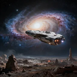 interstellar spaceship approaching the remains of a long lost alien civilization near the galactic core, cinematic, dramatic lighting, realistic