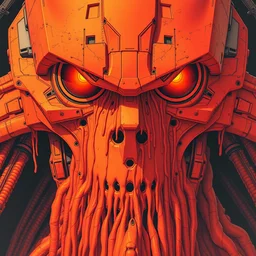 grainy risograph matte painting of gigantic huge evangelion face with a lot of details - like mech covered ooze, orange and red matte colors, by moebius and dirk dzimirsky, close - up wide portrait, hyperrealism