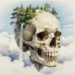 giant floating skull mountain, surrounded by clouds, trees on scalp, waterfall, octane render, colored pencil