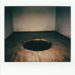 a room with a large, circular infinite hole in the middle of the floor. scary, grotesque, old photo, polaroid