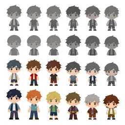 game asset sheet, material study, 2 d sprite, chibi actors and non - player character players, rainbow colors muted