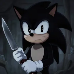a sonic with black eyes crying and holding a knife, horror, dark, creepy, scary