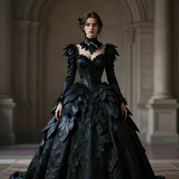 hight focus of a wonderful realistic focused sweet wonderful symmetrical mid portrait of a lonely woman with a detailed wonderful, majestic, large dress like a realistic black raven, dramatic light, octane render - 8 k