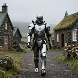 Morton Feldman wearing cyberarmor walks through a medieval Icelandic village