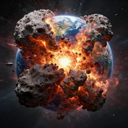 the earth is hit by massive asteroid and blown up by a big explosion and opens the core, epic, high details, dramatic lighting, destruction 8 k