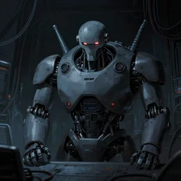 later 8 0's anime dystopian movie still : : shadow spacecraft interior art : : biomechanical evil buff robot : : somber far future cables lab darkened background : : watching seriously
