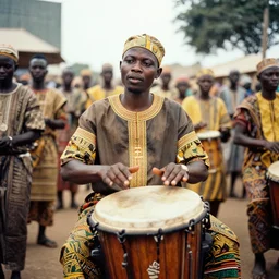 an analogue photo of a Burkina Faso Maquerade playing a drum machine, 35mm, f/1.4,