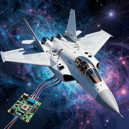 piloting a jet is a beautiful robot fighter pilot is suspended by intricate organic and electric connections to the jet cockpit computer motherboard, experiencing the quantum field comic book art cinematic highly detailed realistic beautiful cosmic neural network o
